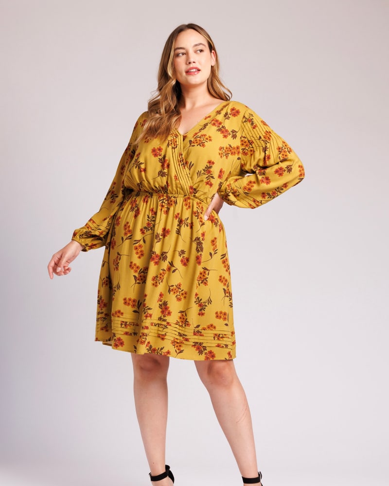 Front of a model wearing a size 1X Catherine Long Sleeve Floral Dress in o314 YELLOW by Daniel Rainn. | dia_product_style_image_id:303047